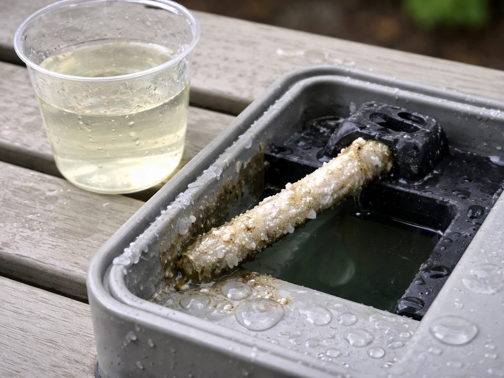 Close-up of a pulled-out irrigation wick with mineral buildup and pale vinegar solution nearby.