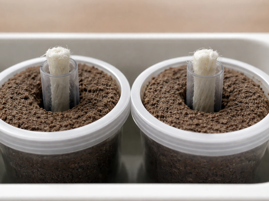 Close-up of two plant pods in a simple setup: one with a properly seated wick, one with a dry, poorly seated wick.