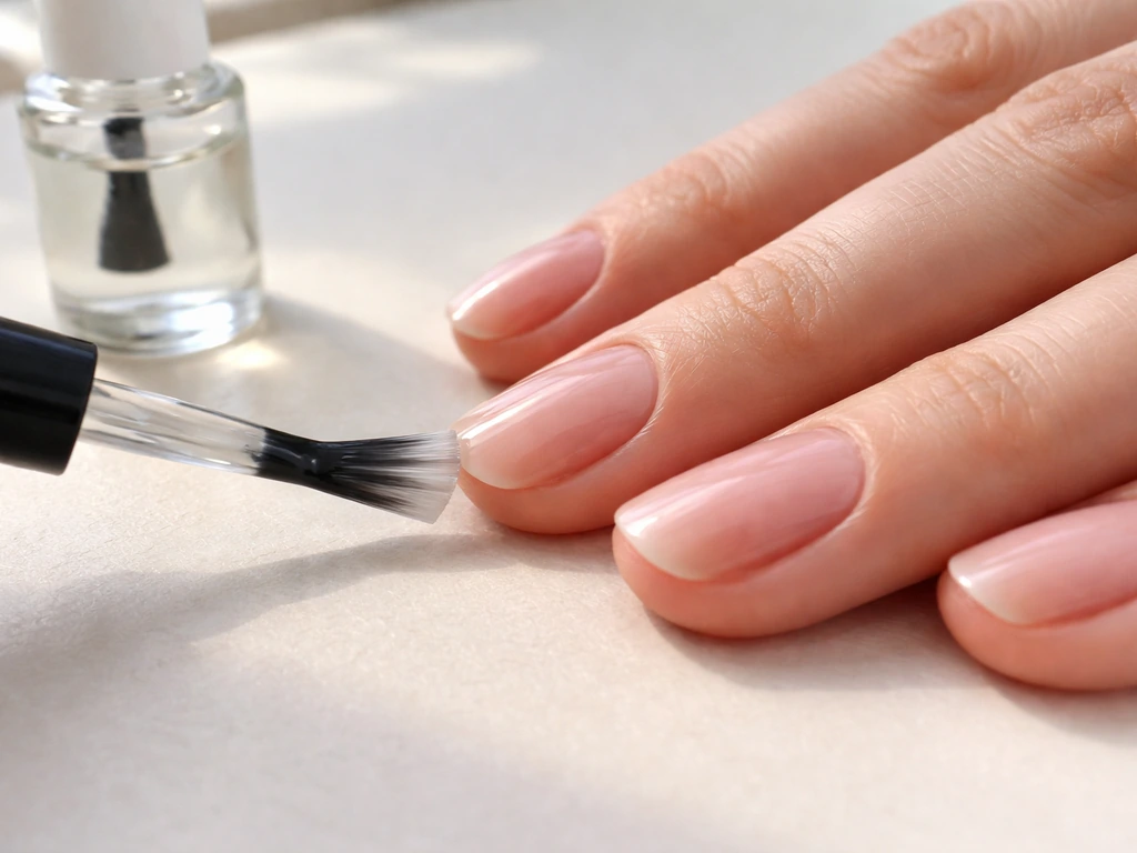 Close-up of clean nails as a brush applies a thin clear coat from a nail treatment bottle.