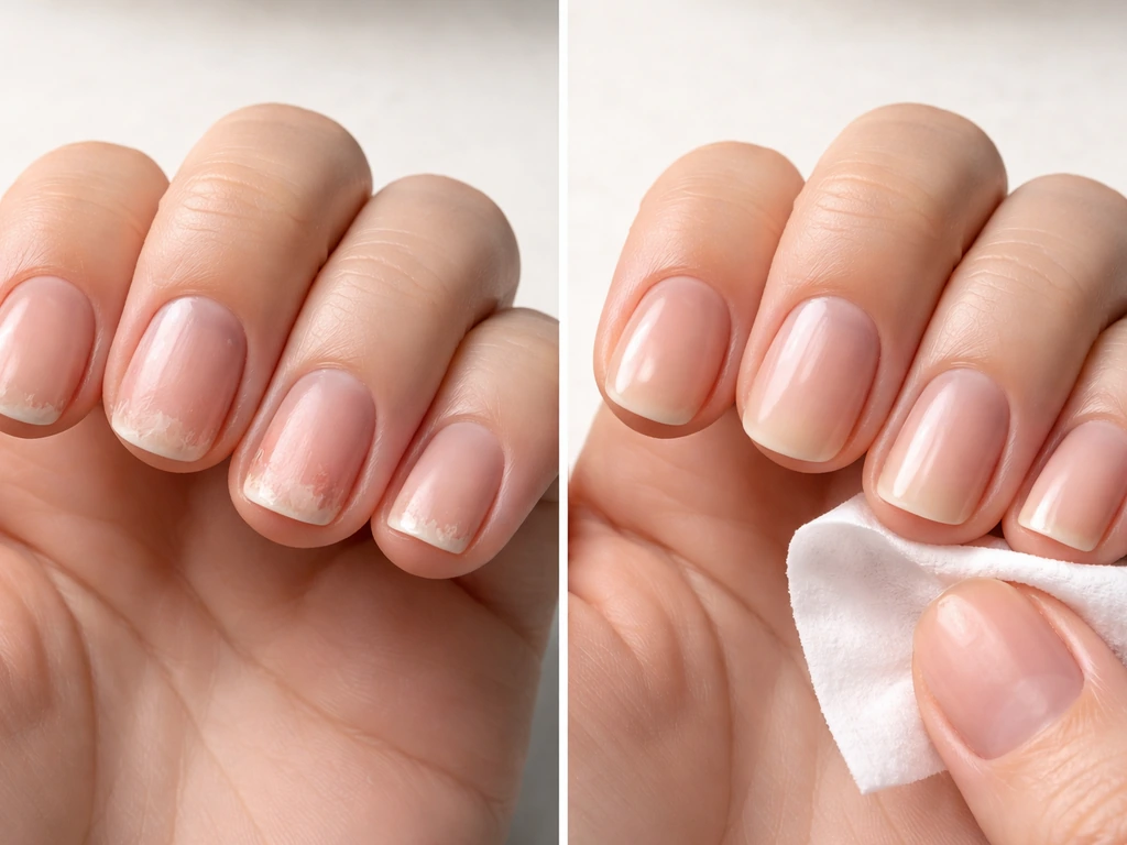 Split before/after nails with peeling/chipping, an alcohol wipe cleaning a nail surface