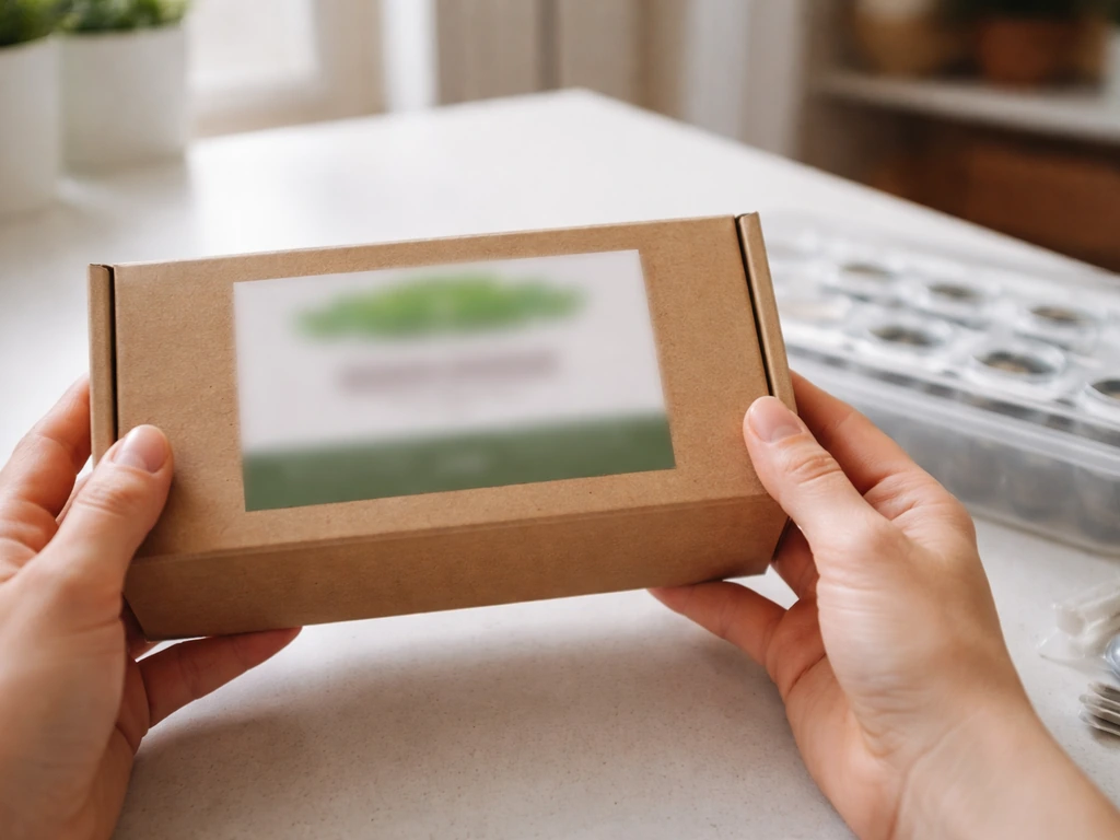 Hands holding a plant grow kit box while checking the brand label near a plastic reservoir tray