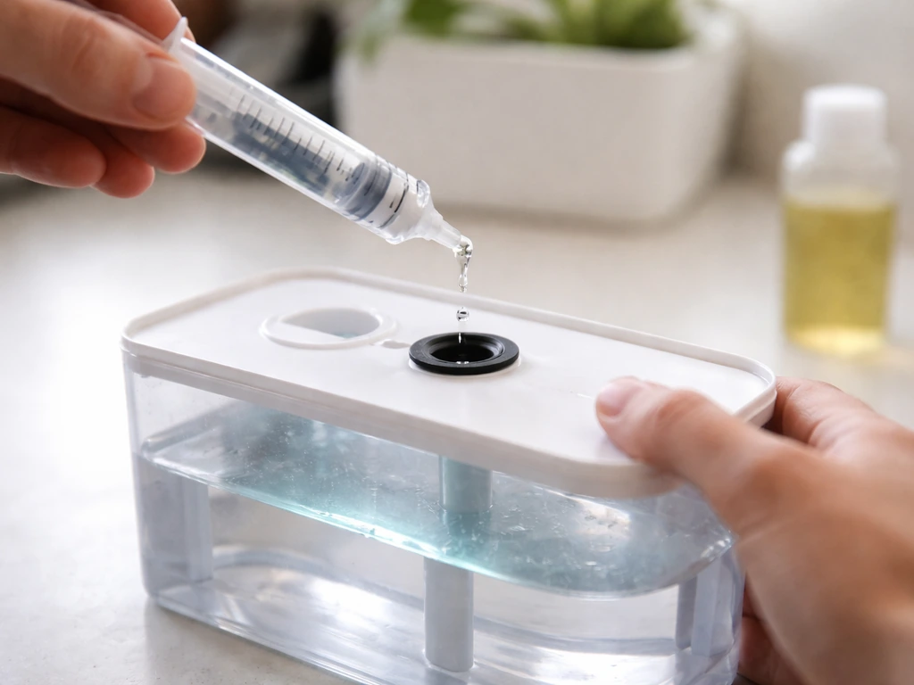 Close-up of a small measuring syringe dosing nutrient drops into a hydroponic reservoir, then topping off to level.