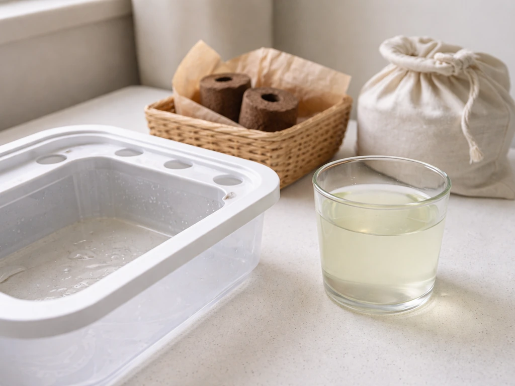 Empty reservoir basin, vinegar cleaning solution in a glass container, and used grow pods in a basket.