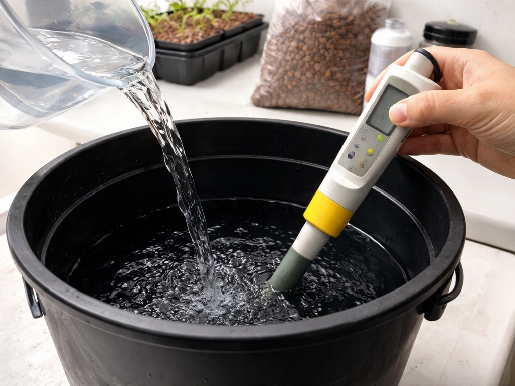 Hand pours room-temperature water into a reservoir while checking pH/EC with a probe during mixing.