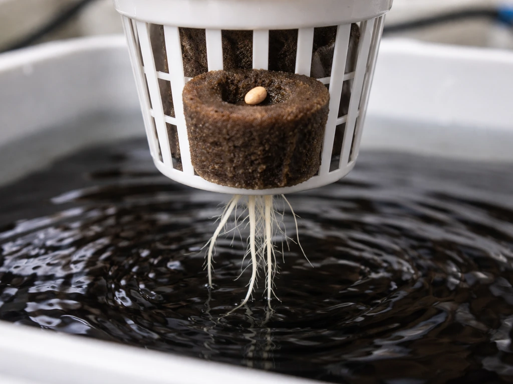Close-up of a DWC net pot holding a Rapid Rooter with a seed and roots reaching the water