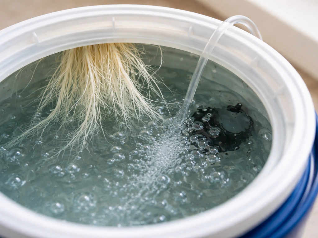 Translucent bucket lid view of white healthy roots with visible bubbling from air pump tubing