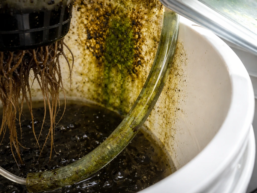 Close-up of algae slime on a hydroponic bucket wall and tubing, with a cleaner section beside it.