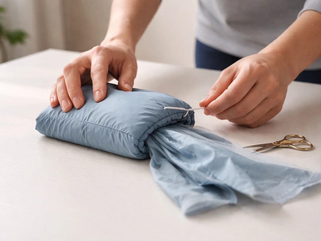 Hands cutting a small thread and letting a folded garment gently extend on a clean table