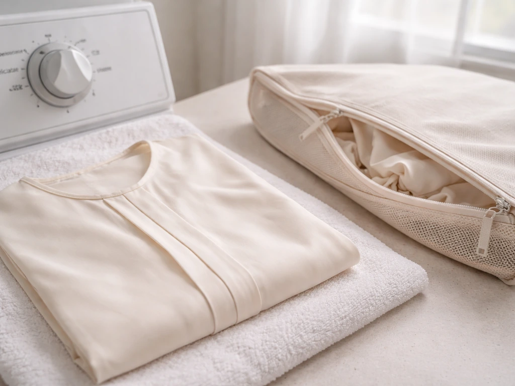 Cold-water laundry care scene: gentle wash dial, flat drying towel, and a breathable storage bag for a garment tuck.
