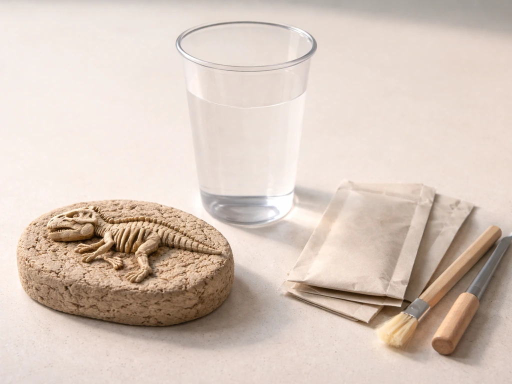 Dinosaur fossil specimen kit supplies laid out: compact dino shape, clear cup, and small tool packets