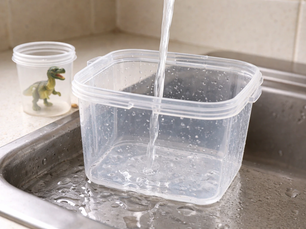 Clear container being rinsed with water on a countertop, with a small dinosaur model inside.