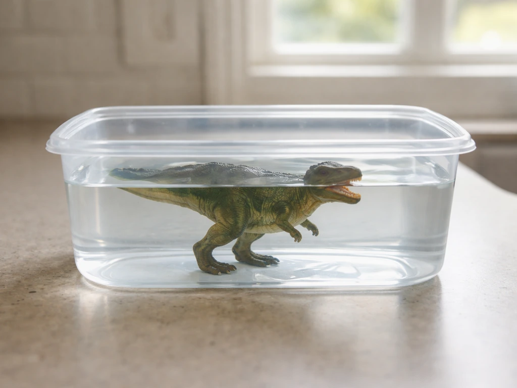 Toy dinosaur fully submerged in a clear container of water with a little headroom above.