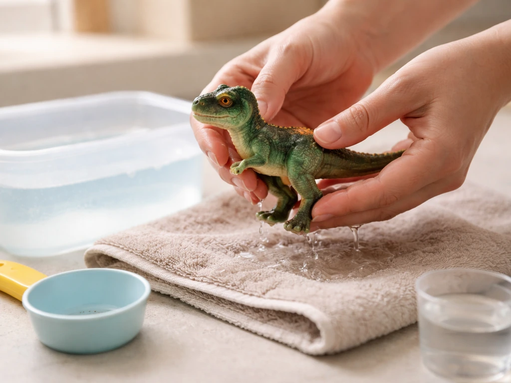 Hands lifting a soft polymer dinosaur from water onto a damp towel, with cleanup items nearby.