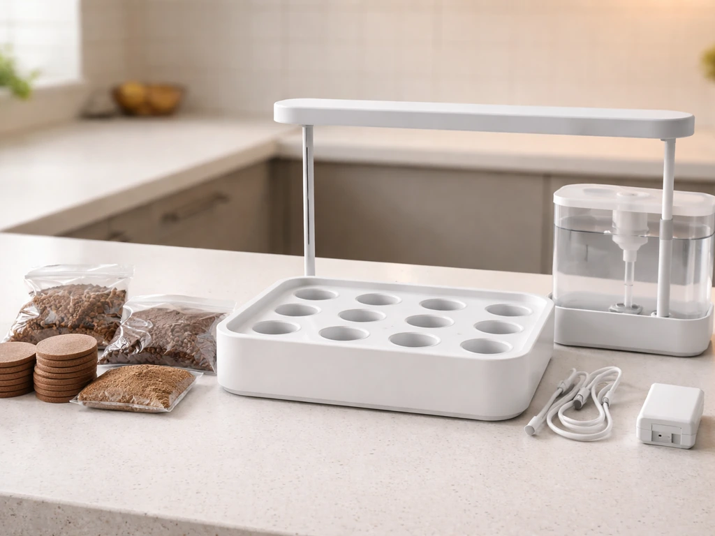 Clean TotalGreen grow kit components on a kitchen counter, planter and medium ready for setup.