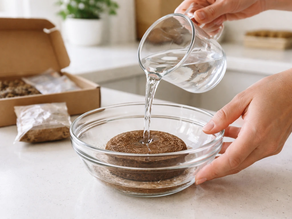 Anonymous hands pour lukewarm water onto a microgreens grow mix disk in a bowl as it softens.