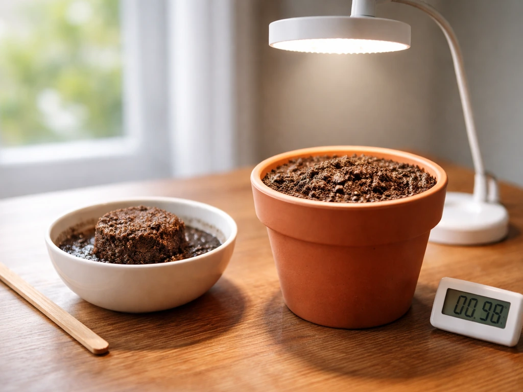 Small strawberry grow kit in a pot setup under a desk grow light with a thermometer nearby