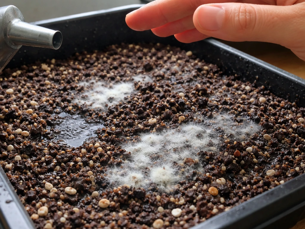 Close-up of damp grow mix with white fuzz mold and a watering can spout turned away nearby.