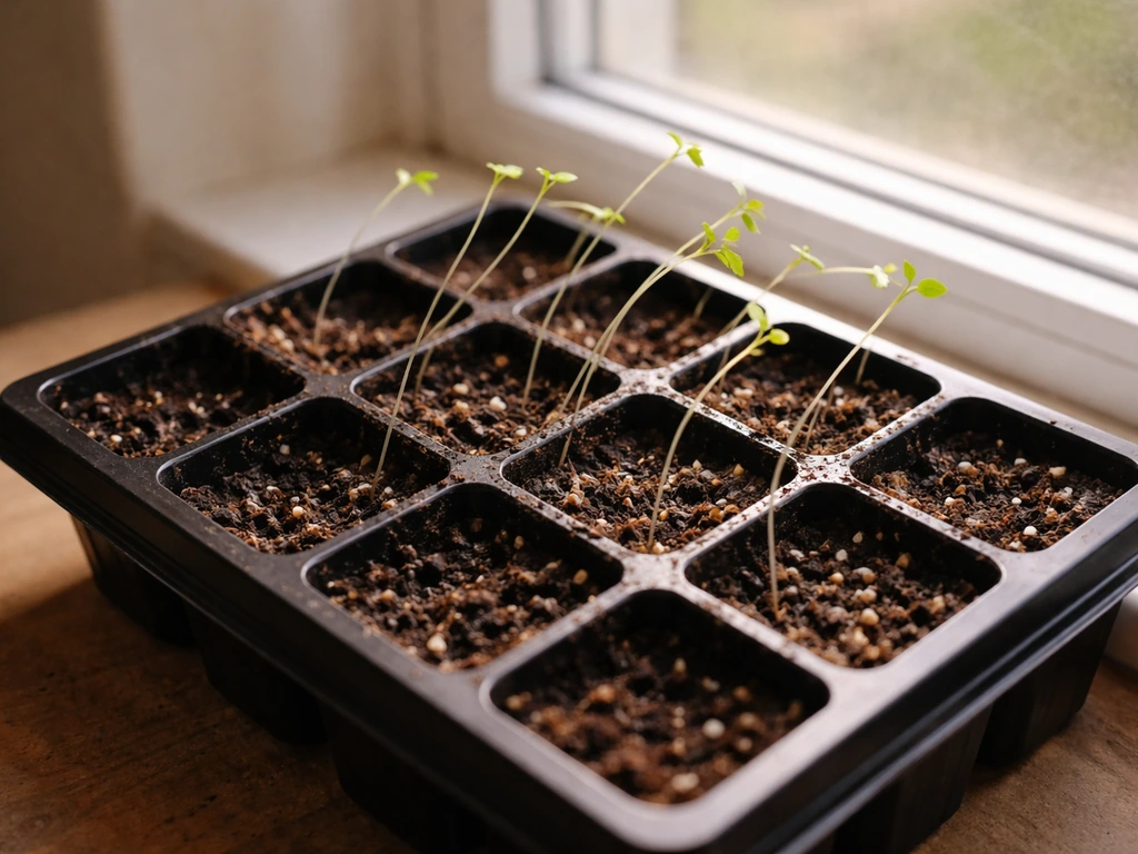 Pale, tall spindly seedlings leaning toward a window light in a seed-starting tray.