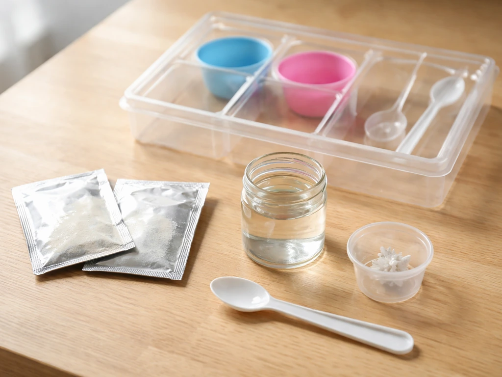 Crystal grow kit components laid out on a table: jar, powder packets, seed piece, and stirring tools.