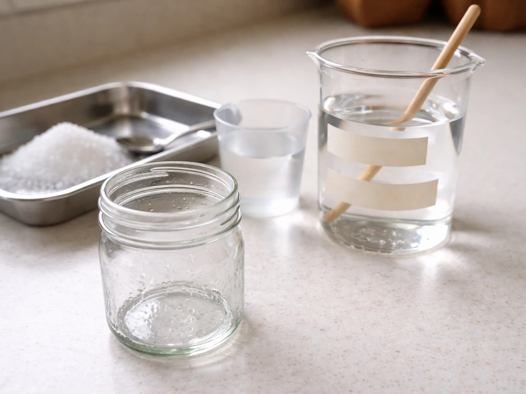 Prepared crystal-growing setup with rinsed jar, measuring cup of clear water, and glass mixing container.
