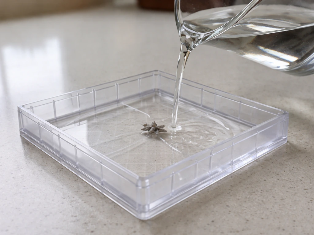 Close-up of a seed crystal centered in a clear tray as colorless solution is poured in.