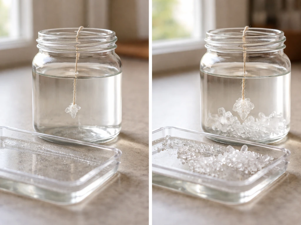 Close-up of a clear jar and tray showing tiny early crystals on one side and fuller crystals on the other.