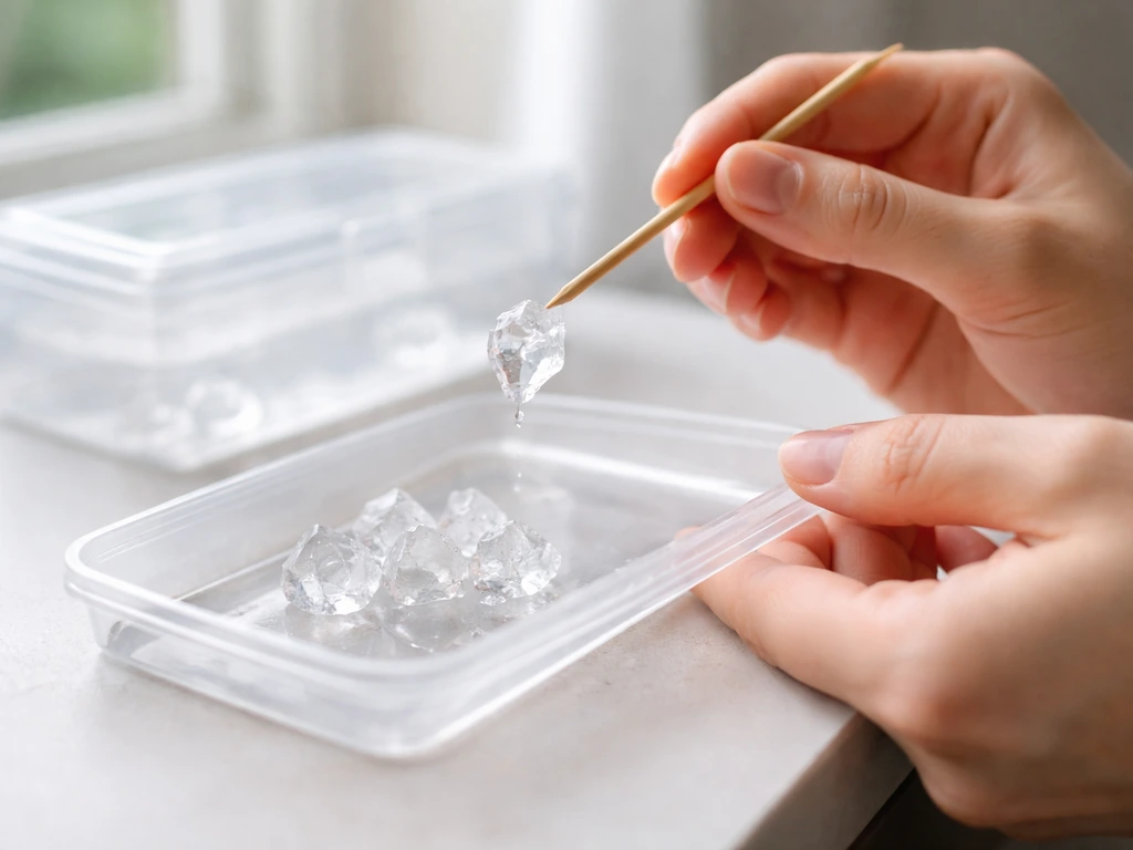 Hands lift a crystal seed from a tray with a wooden stick and place crystals into a clear container.