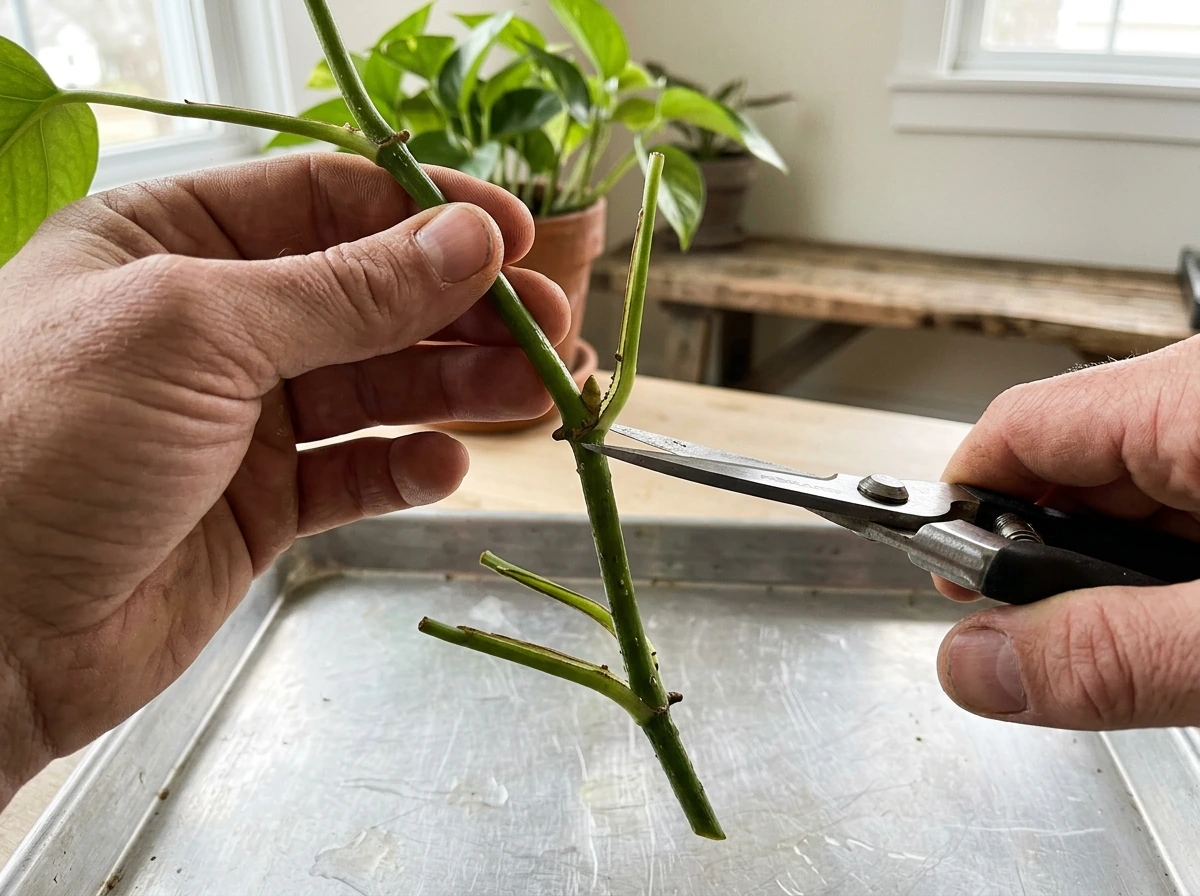 Cutting being trimmed just below a node with clean shears