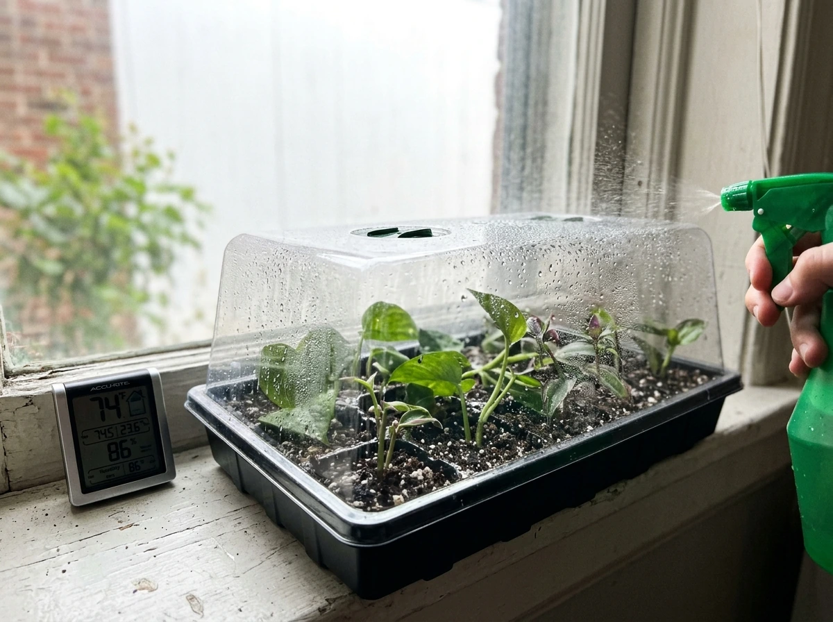 Humidity dome in place with light misting and temperature/humidity monitoring