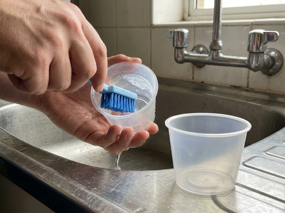 Dilution cup with hormone residue being rinsed and scrubbed clean