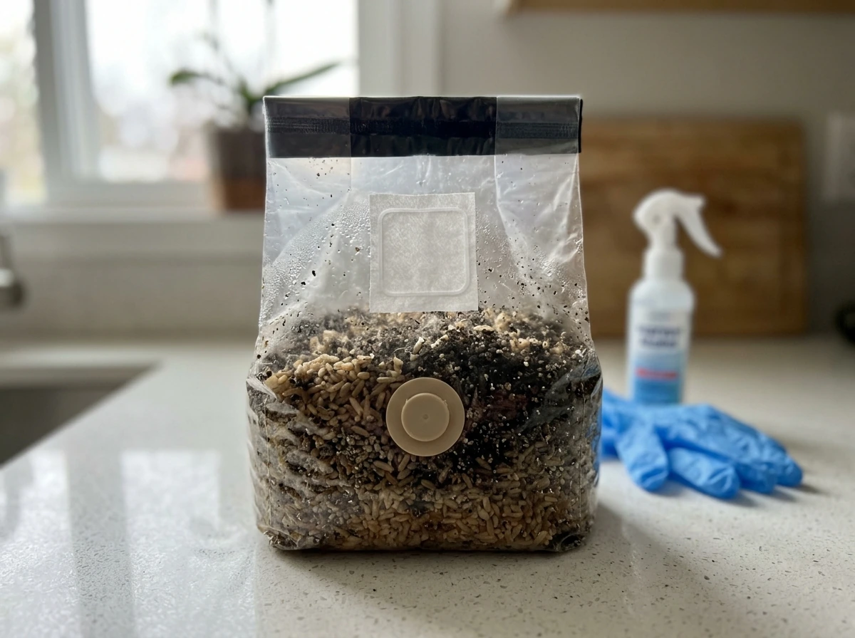 ShroomTek grow bag showing built-in inoculation port and pre-hydrated substrate