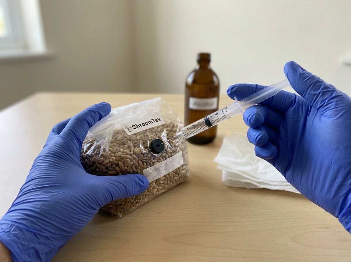 Gloved hands inoculating a ShroomTek bag with a syringe into the injection port