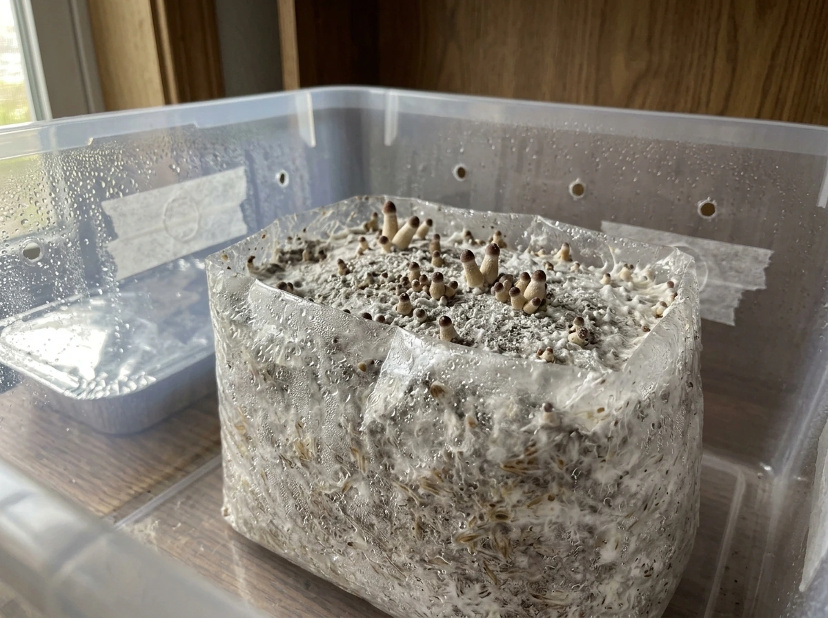 Side view of fully colonized bag with pins forming after fruiting triggers