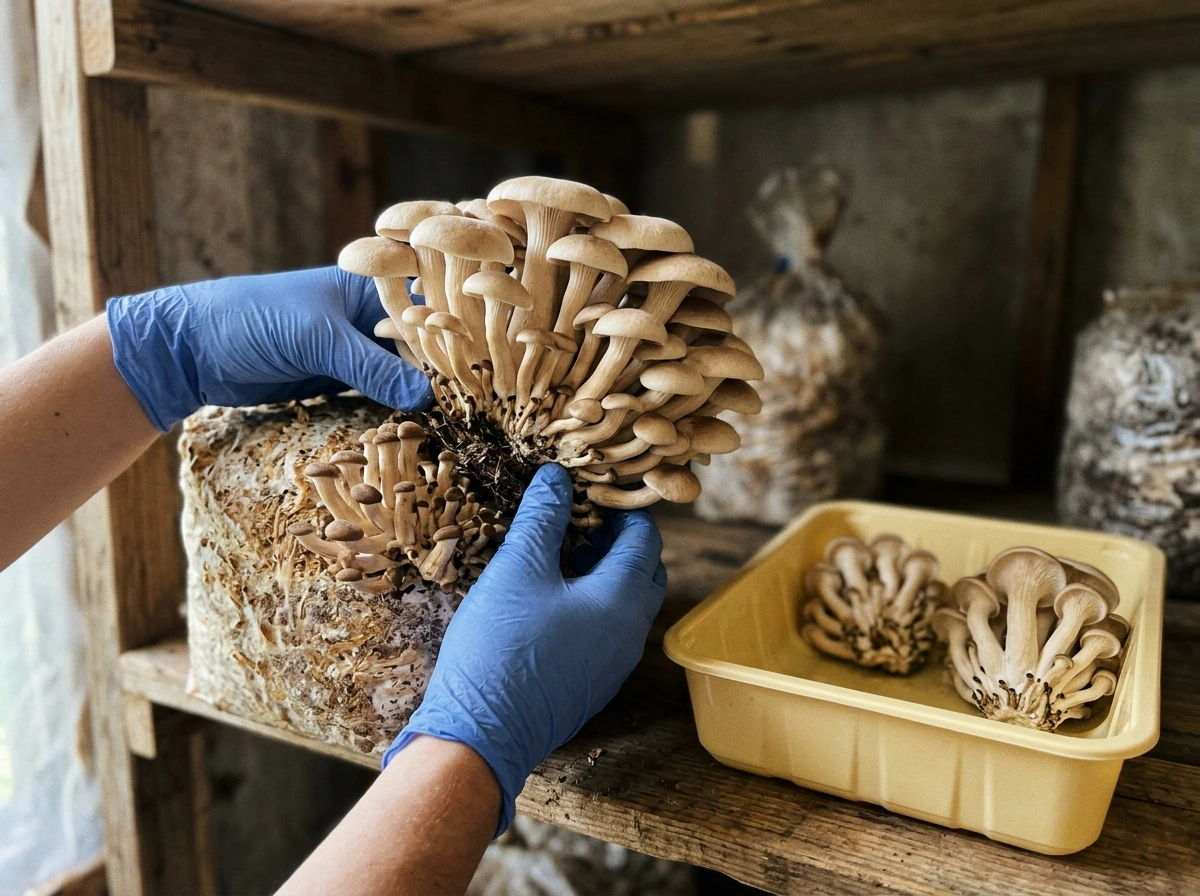Harvesting a mushroom cluster by twisting at the base into a clean container