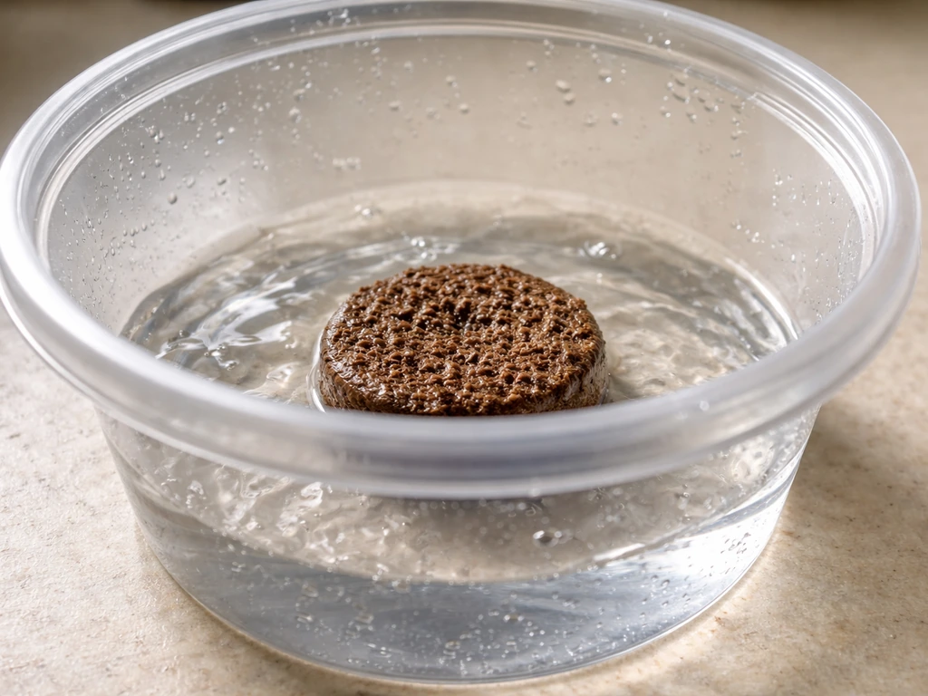 Close-up of a compressed growing medium pellet in a container as warm water rehydrates and starts expanding.