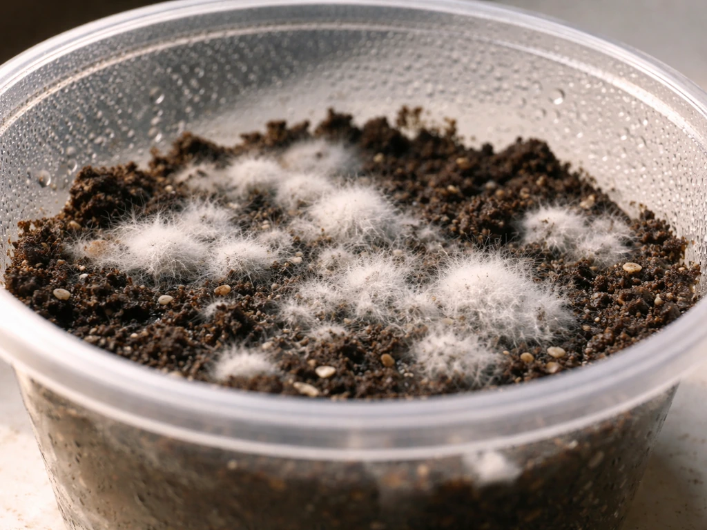 Close-up of white fuzzy mold on a moist growing medium surface in a small container