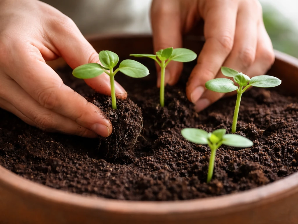 Small sunflower seedlings being transplanted into a larger pot, framed by fresh soil in natural light.