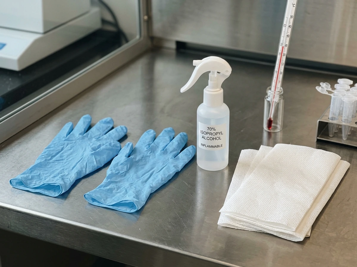 Clean gloves and isopropyl alcohol on a wiped-down workspace