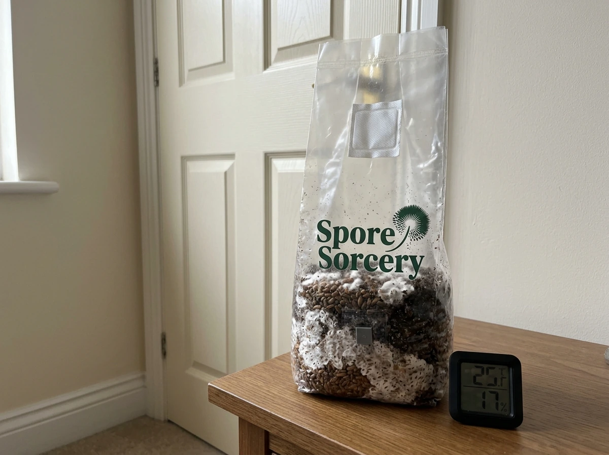 Grow bag in a stable warm spot with thermometer nearby