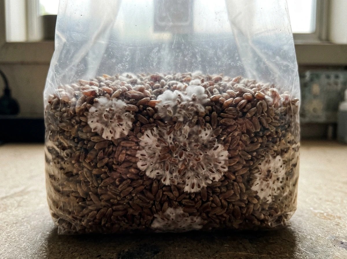 White fuzzy mycelium patches near injection points