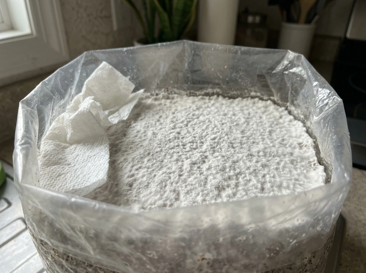 Opened bag with exposed colonized surface for fruiting