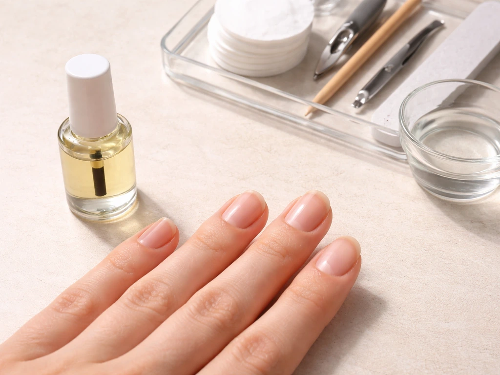 Minimal nail-care setup with a brush applicator bottle beside clean dry nails and cotton pads.