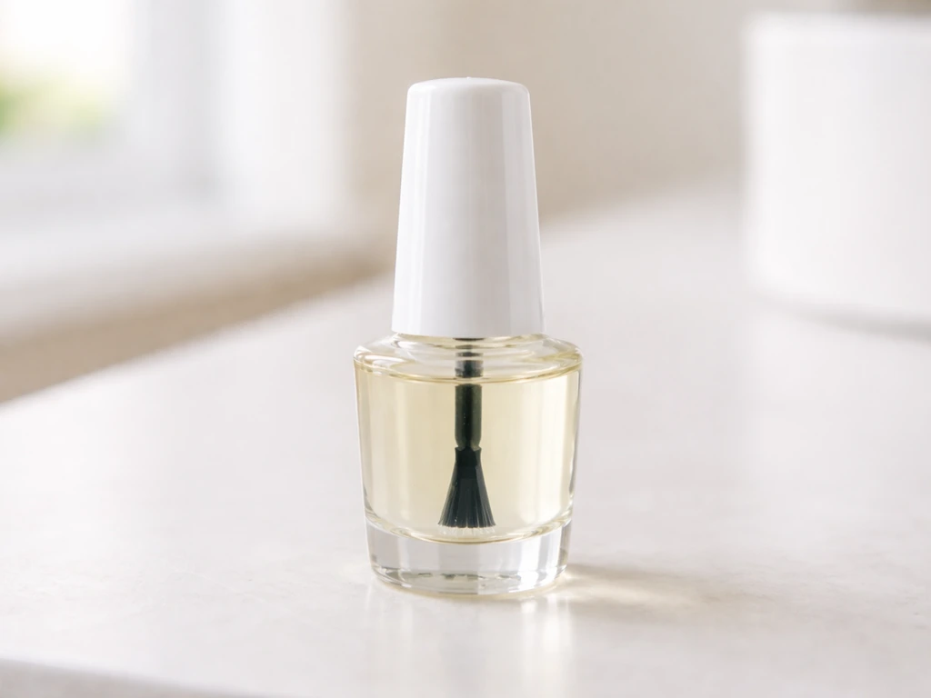 Close-up of a nail polish-like bottle with a built-in brush applicator cap on a clean vanity.