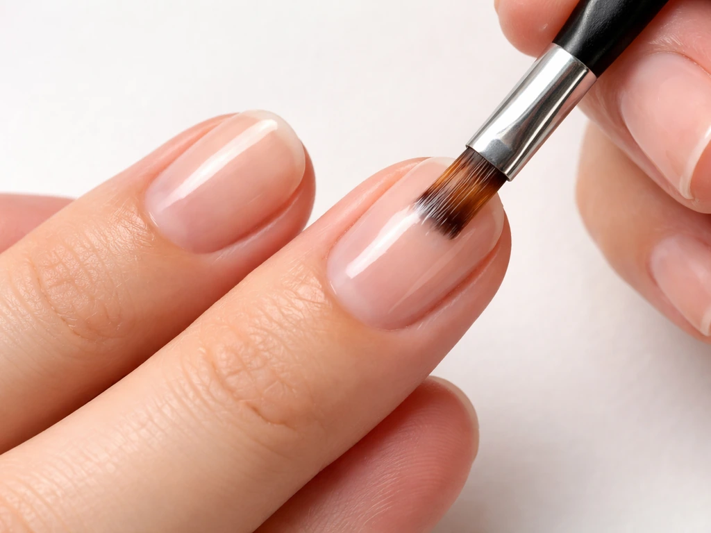 Close-up of clean, dry nails with a brush applying a thin, even coat along the nail edges.