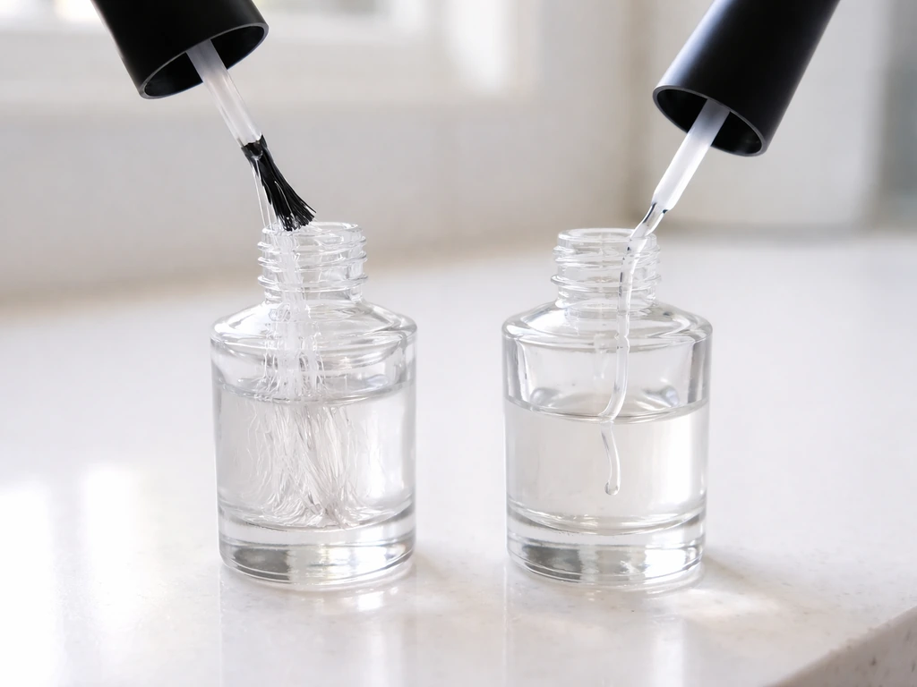 Clear nail polish bottles showing thick stringy clumps versus a runny smooth consistency.