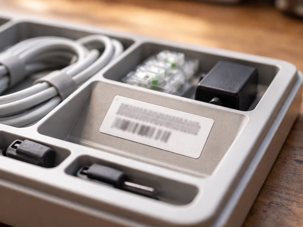 Close-up of a grow kit label with visible model/serial sticker and nearby component tray
