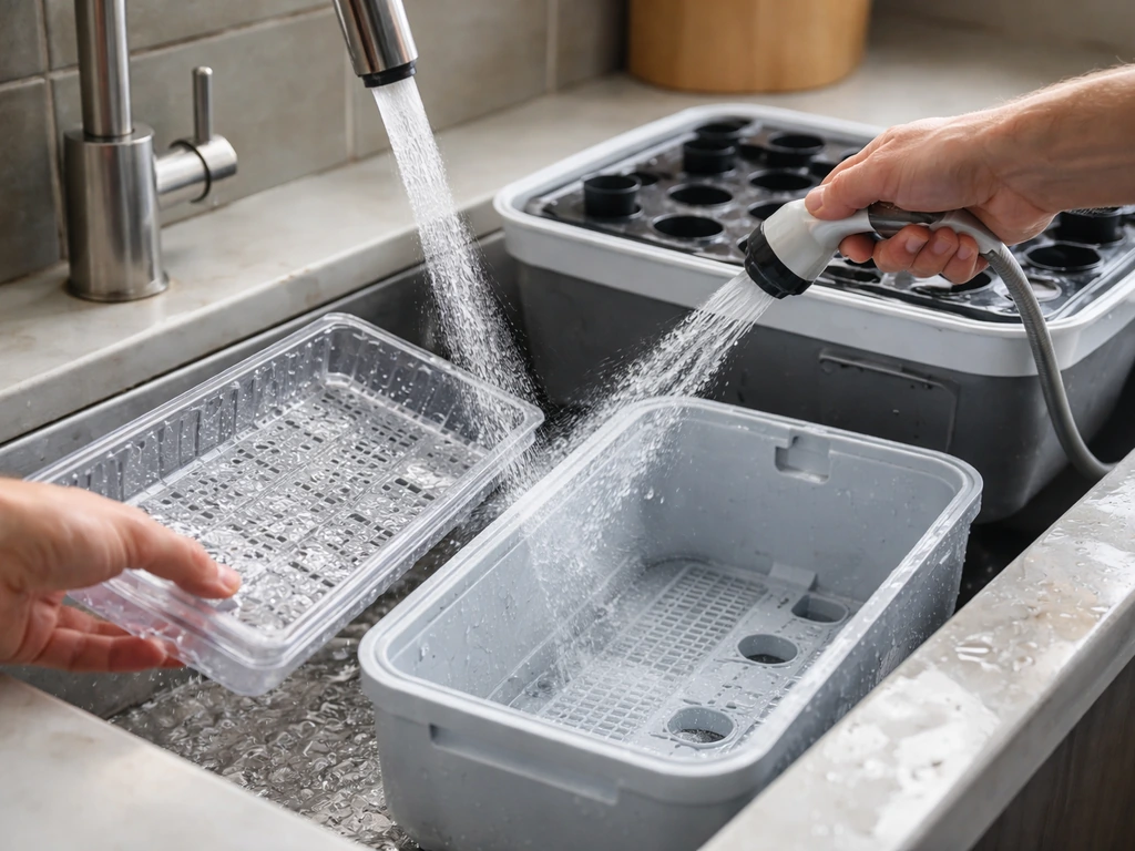 Anonymous hands rinsing hydroponic reservoir and clear grow trays under running clean water.