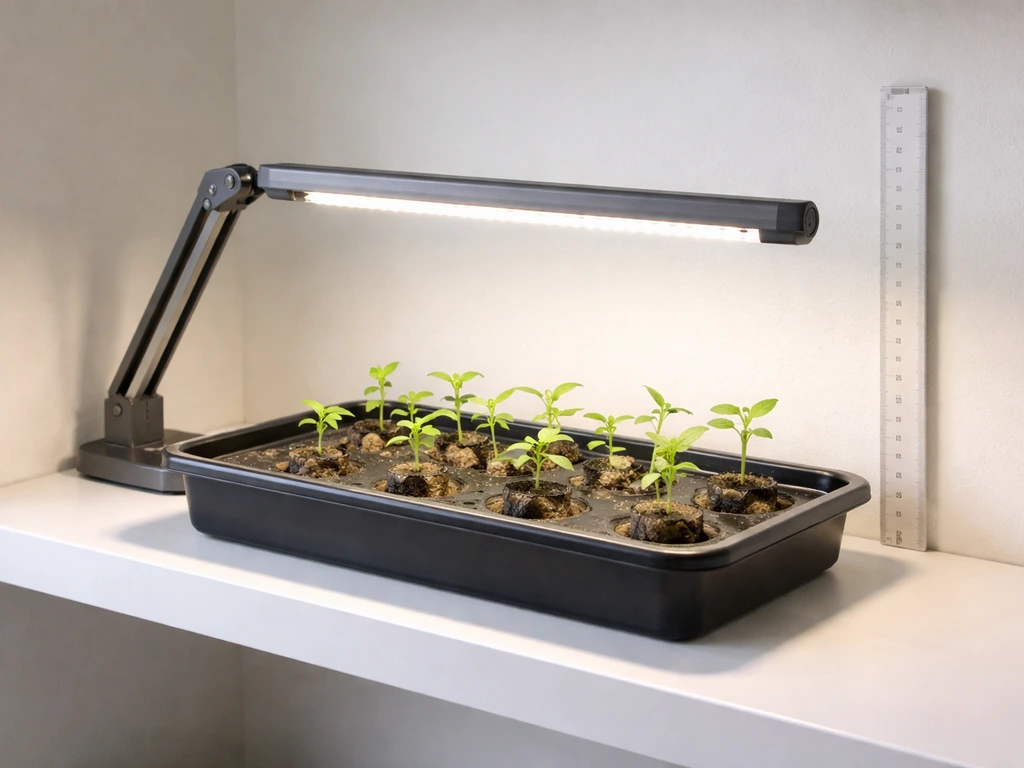 Seedlings under an integrated LED grow light with a nearby height/placement measuring reference.