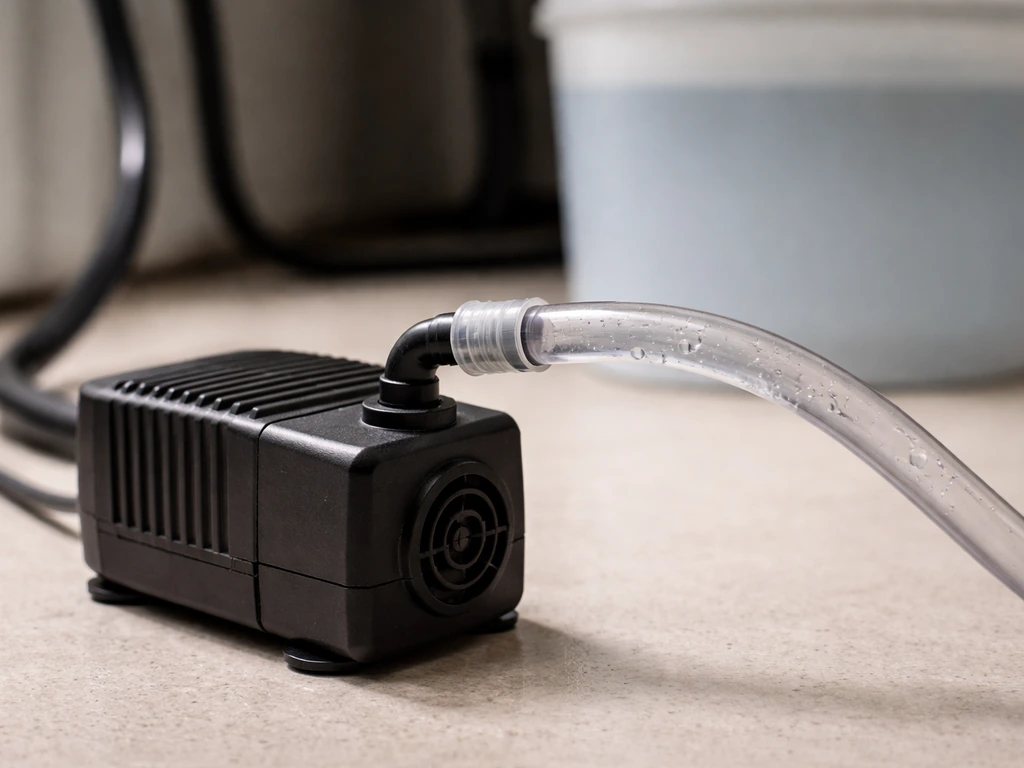 Close-up of a hydroponic pump with connected clear tubing and visible bubbles for troubleshooting no-flow issues.