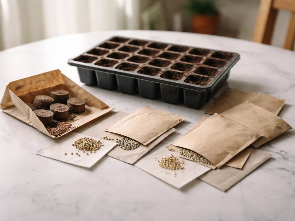 Buzzy Seeds kit components laid out neatly on a kitchen table, showing planter, soil pellets, and seeds.